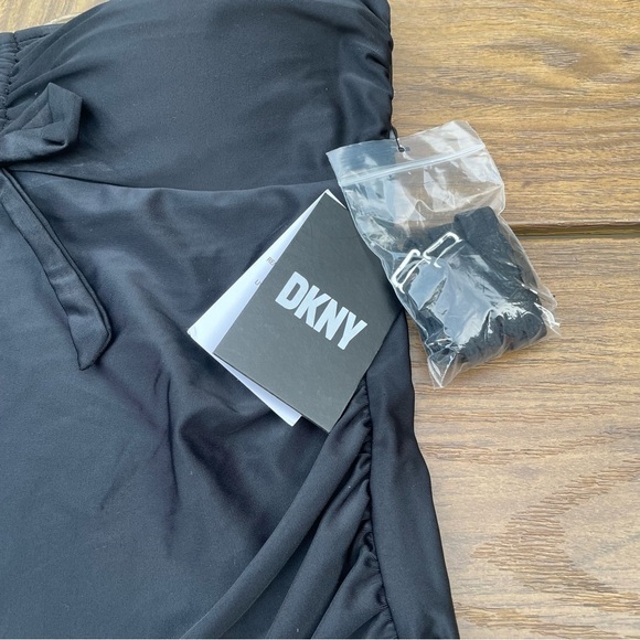 DKNY Women's Black Stretch Ruched Bandeau  Convertible Tie Tankini Swimsuit Top - Picture 3 of 8